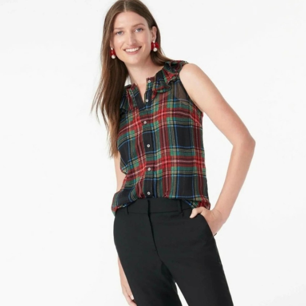 J Crew Ruffle Tartan Plaid Top Size S